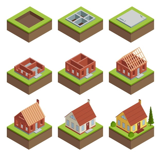 Construcción de casas isométrico conjunto de etapas visualización de etapas de edificios modernos en diferentes edificios