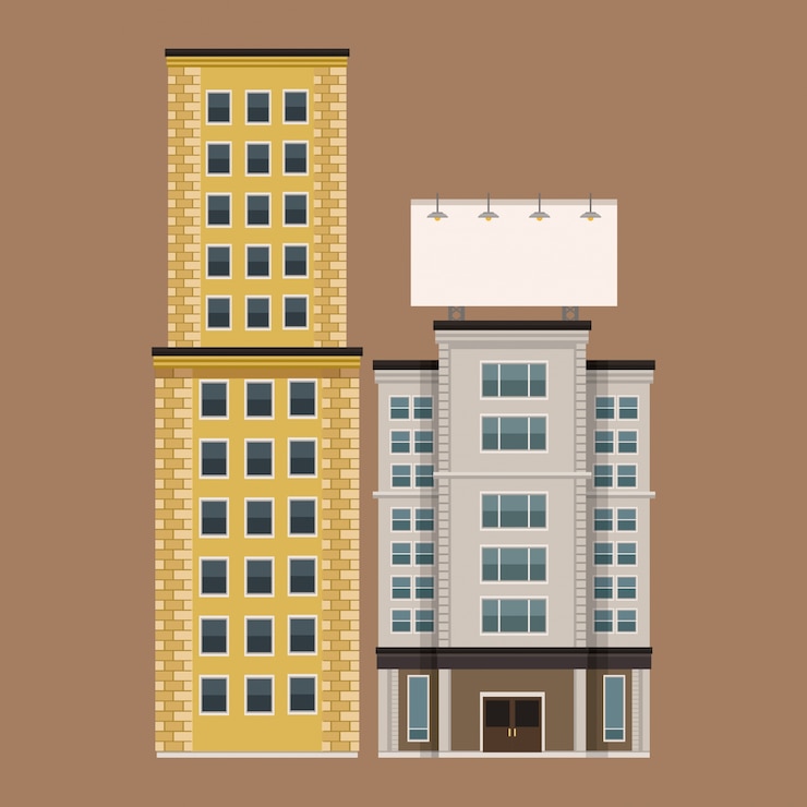 Vector la construcción de la ciudad con gran cartelera urbana en blanco