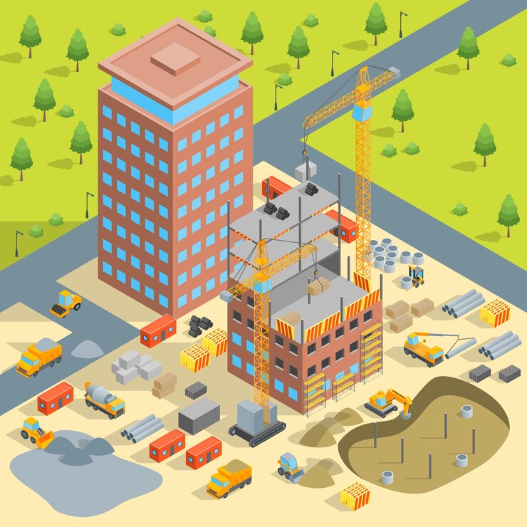 Vector construcción del concepto de edificio de varios pisos industria de la arquitectura de vista isométrica 3d incluir de bulldozer de bloque de grúa y ilustración vectorial de excavadora