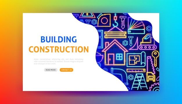 Vector construcción de edificios neon landing page vector ilustración de promoción industrial