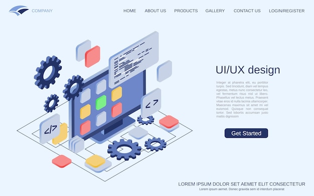 Construcción de GUI, desarrollo de aplicaciones, ilustración de concepto de vector isométrico de diseño de sitio web