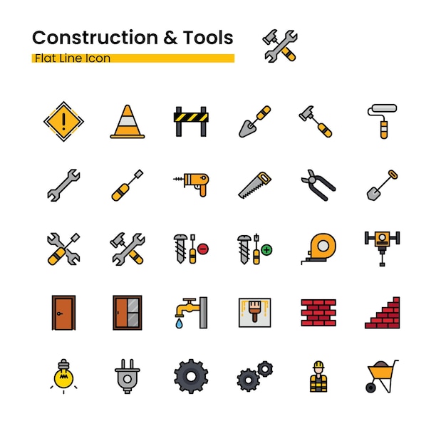 construcción y herramientas de línea plana icono conjunto vector