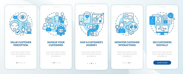 Construcción de la pantalla de la aplicación móvil de incorporación azul empresarial centrada en el cliente Tutorial 5 pasos páginas de instrucciones gráficas con conceptos lineales UI UX Plantilla de GUI Myriad ProBold Fuentes regulares utilizadas