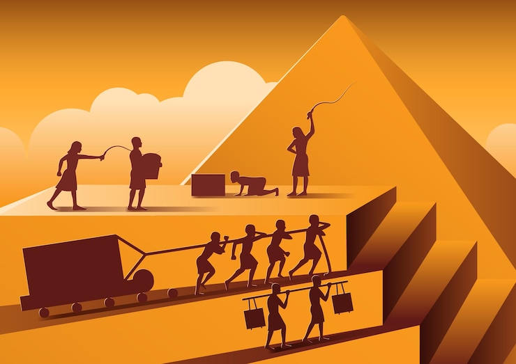 Vector la construcción de la pirámide en egipto en la antigüedad usaba a los hombres para ser esclavos todo el día con la ilustración vectorial de la versión de dibujos animados