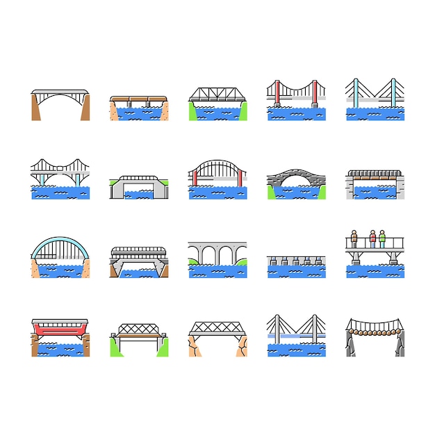 construcción de puentes de la ciudad camino iconos de ríos conjunto vector