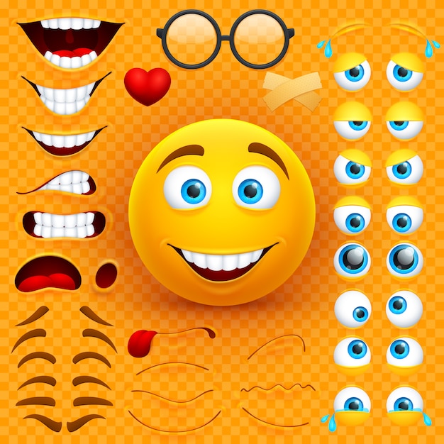 Constructor amarillo de la creación del carácter del vector de la cara del smiley 3d de la historieta. emoji con conjunto de emociones, ojos y boca.