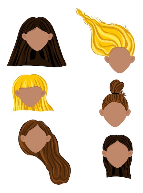 Constructor con cabezas femeninas de piel oscura con diferentes peinados estilo de dibujos animados ilustración vectorial