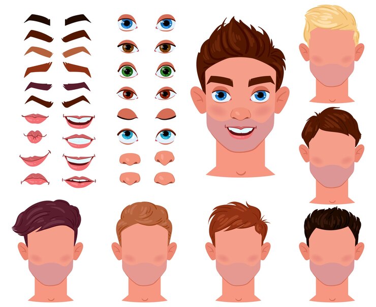 Vector constructor de cara de hombre de dibujos animados, creador de personajes masculinos. generador de rostro masculino con ojos, cejas, labios y narices conjunto de ilustraciones vectoriales. elementos de creación de avatar de chico joven