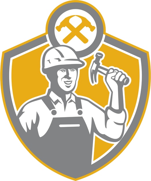 constructor, carpintero, martillo, protector, retro