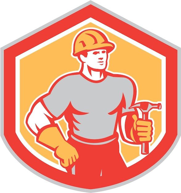 constructor, carpintero, tenencia, martillo, protector, retro