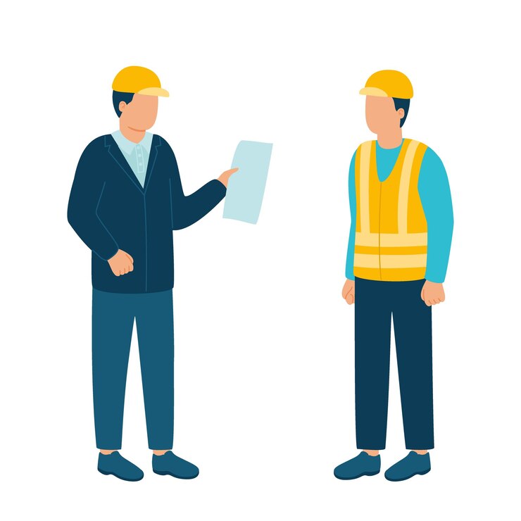 Vector el constructor del contratista del trabajador se comunica con el jefe del arquitecto líder de la industria de la construcción en el casco