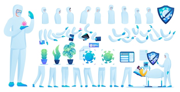 Constructor para crear un médico con traje de protección N 3. Crea tu propio médico para luchar contra la epidemia. Ilustración de vector plano 2D.