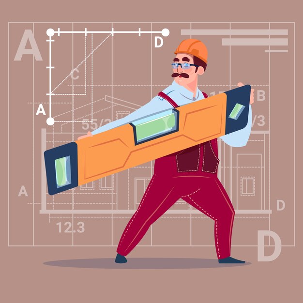 Constructor de dibujos animados sosteniendo nivel de carpintero