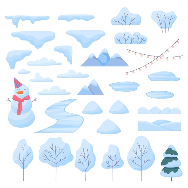 Constructor de elementos de paisaje de invierno de dibujos animados Vector de conjunto