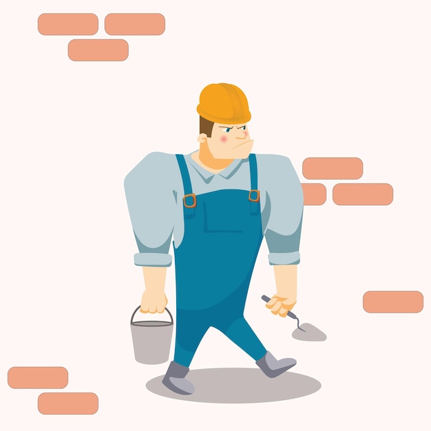Constructor estricto con cubo y espátula usando una ilustración vectorial de casco