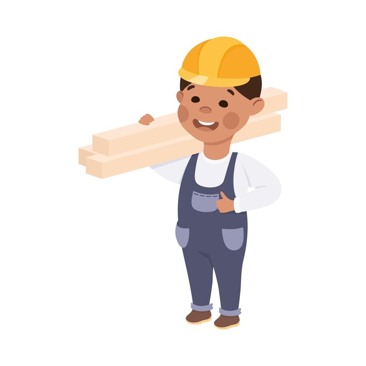 Vector constructor lindo llevando tablas niño con sombrero y mono azul con herramientas de construcción ilustración vectorial de estilo dibujos animados