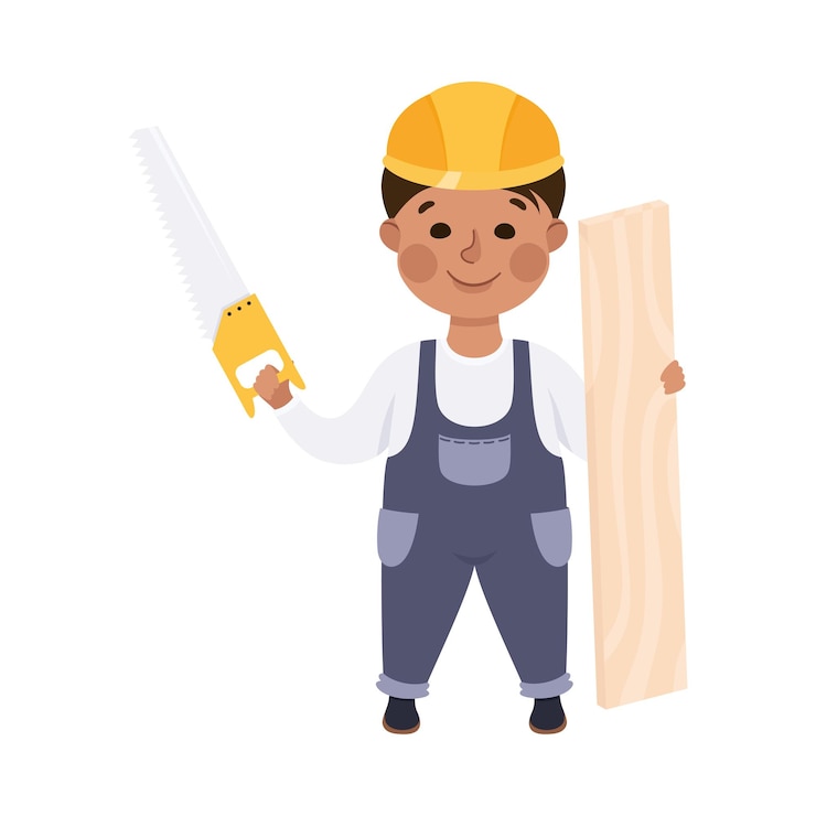 Vector constructor lindo con tabla y sierra pequeño personaje carpintero con sombrero duro y mono azul con herramientas de construcción ilustración vectorial de estilo de dibujos animados