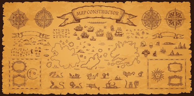Constructor de mapas pirata antiguo conjunto de elementos