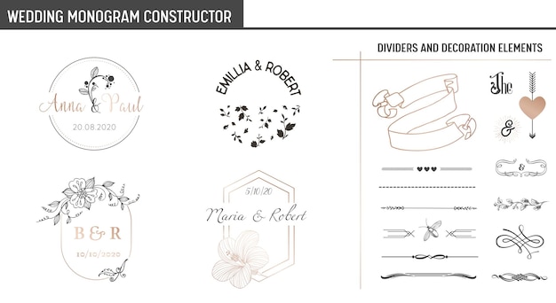 Constructor de monogramas de boda, colección minimalista moderna de plantillas para tarjetas de invitación, guardar la fecha, identidad del logotipo en el vector