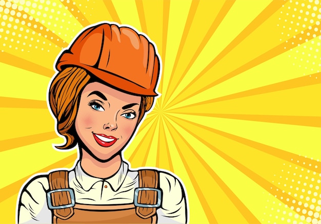 Constructor de mujer caucásica en uniforme y casco