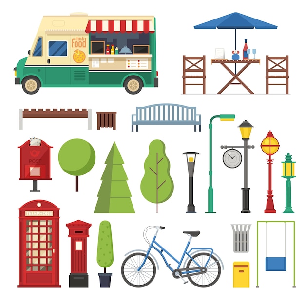 Constructor de parques públicos de la ciudad con objetos y elementos de infraestructura Camión de comida callejera Mesa de café al aire libre Bancos Farolas Cabina telefónica Bicicleta y otras áreas urbanas