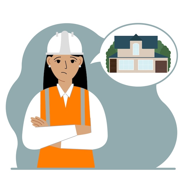 El constructor está pensando en construir una casa. una mujer triste con casco y chaleco está planeando un proceso de trabajo. ilustración plana vectorial