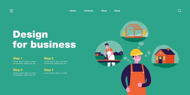 Constructor pensando en las etapas de la construcción de una casa. Hombre en el proceso de trabajo de planificación de casco ilustración vectorial plana. Ingeniero, concepto de construcción para banner, diseño de sitios web o página web de aterrizaje