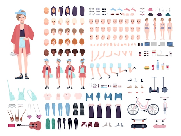Constructor de personajes adolescentes. Conjunto de creación de chicas jóvenes de moda. Diferentes posturas, peinado, cara, piernas, manos, ropa, colección de accesorios. Ilustración de dibujos animados vectoriales. Vista frontal, lateral, trasera.