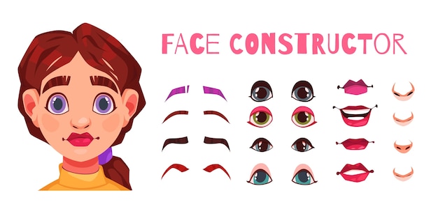 Constructor de personajes de dibujos animados con elementos faciales para una mujer caucásica