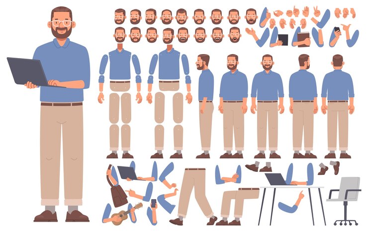 Vector constructor de personajes de hombre barbudo desarrollador o programador masculino para animación _ai_generado