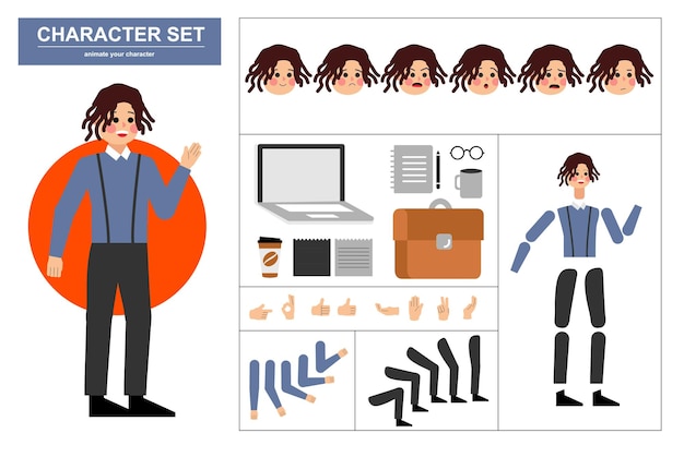 Vector constructor de personajes de hombre de oficina con varias vistas, emociones faciales, poses, gestos y herramientas de oficina.