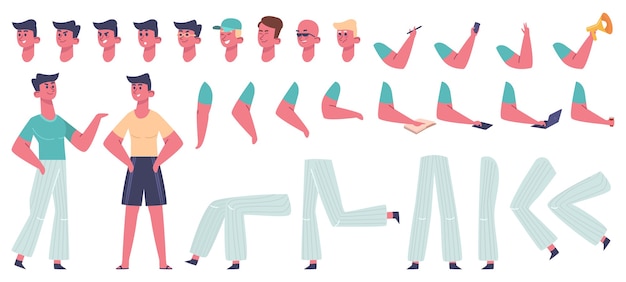 Constructor de personajes masculinos. Poses de gesto de cuerpo de hombre, ropa y peinado, diferentes piernas, manos y conjunto de iconos de ilustración de emoción facial. Guy cara y gesto, emoción y pose, brazo y pierna.