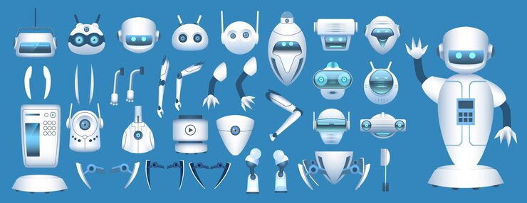 Vector constructor de personajes robot. partes del cuerpo de android futurista de dibujos animados. brazos, piernas y cabezas robóticos para animación. conjunto de vectores de elementos de robots. ilustración de piezas de colección de personajes de robot