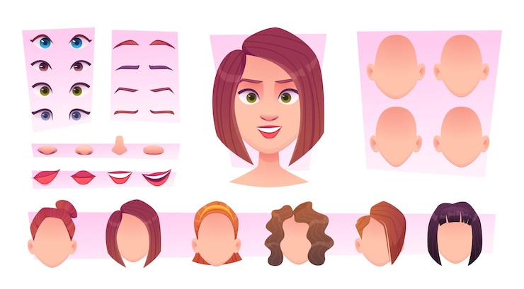 Vector constructor de rostro femenino kit de creación de avatar de mujer partes de la cara ojos labios cabeza nariz sonrisa emociones plantillas de dibujos animados vectoriales exactos