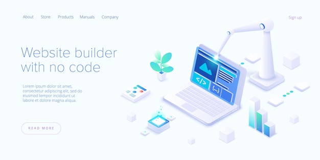 Constructor de sitios web en diseño isométrico. servicio de desarrollo web basado en la nube.