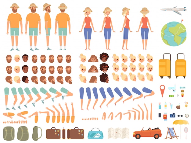 Constructor de viajes. Personaje femenino senderismo camping turístico con kit de creación de dibujos animados de equipaje