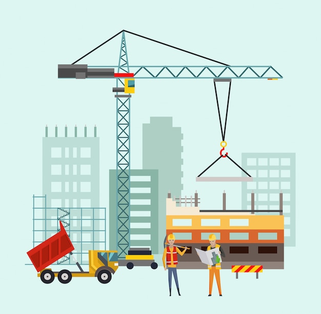 Constructores en el sitio de construcción. trabajos de construcción de viviendas con casas y máquinas de construcción. ilustración vectorial con personas