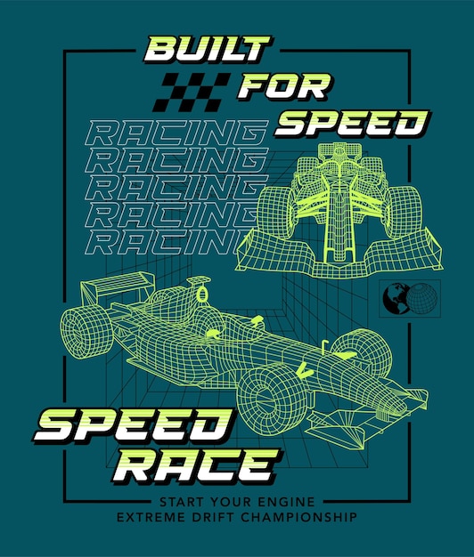 Construido para la velocidad, impresión de ilustración de vector de estructura alámbrica de coche de carreras