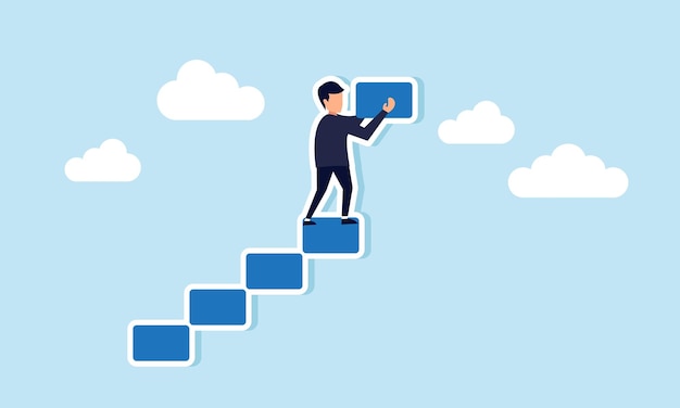 Construir escaleras de éxito desarrollo personal crecimiento profesional y avance laboral concepto de empresario construye escaleras para el crecimiento ascendente del negocio