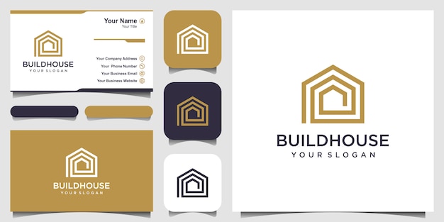 Construir el logotipo de la casa con estilo de arte lineal. Resumen de construcción casera para diseño de logotipo y tarjeta de visita