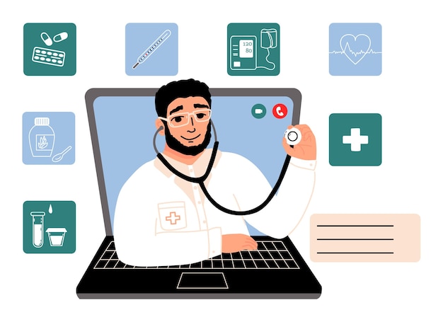 Consulta en línea médico con estetofonendo en la computadora portátil videollamada con iconos médicos del paciente ilustración vectorial