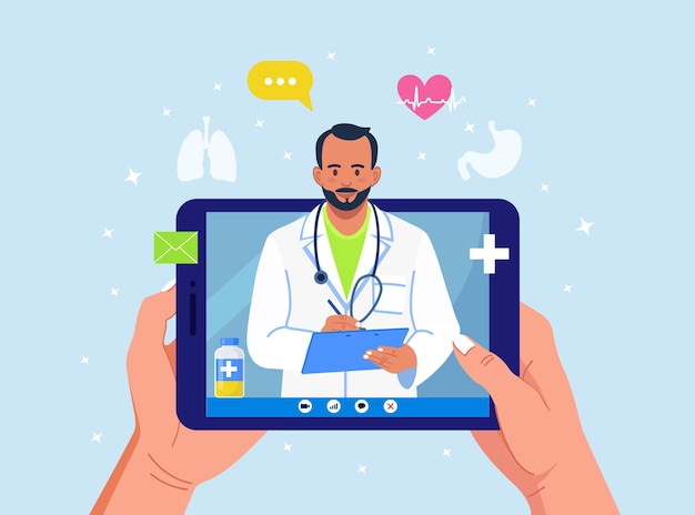 Vector consulta en línea con el médico. medicina virtual. pantalla de tablet pc con medic en chat en messenger. usar la computadora para hacer una videollamada al terapeuta