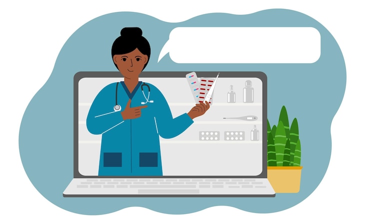 Vector consulta en línea o concepto de retroalimentación laptop con una foto de una farmacéutica con medicamentos en la mano