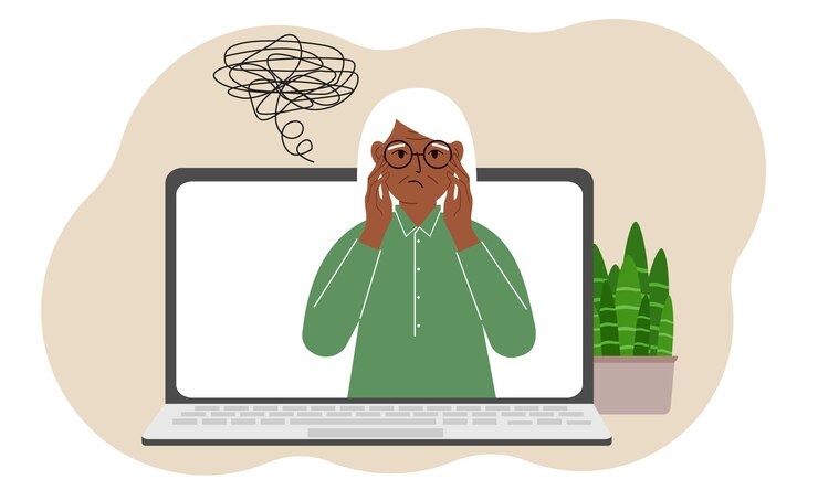 Vector consulta en línea con un psicólogo laptop con una abuela con pensamientos confusos práctica psicoterapéutica consulta psiquiátrica