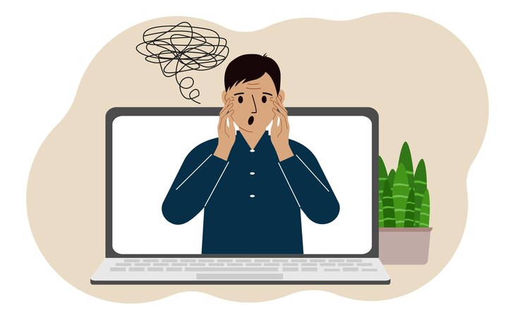 Vector consulta en línea con un psicólogo laptop con un hombre con pensamientos confusos práctica psicoterapéutica consulta psiquiátrica