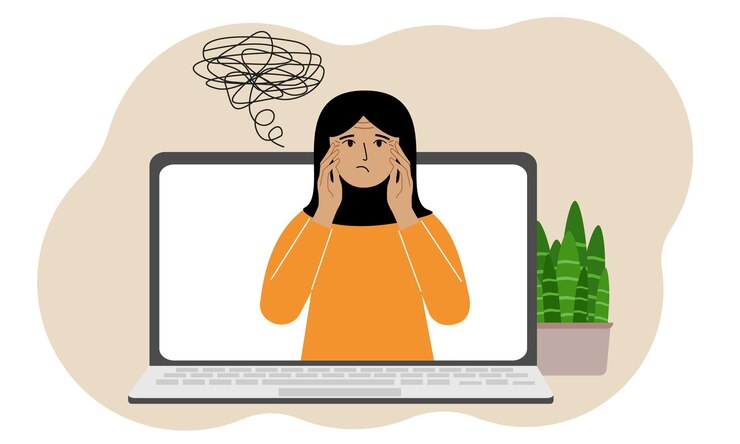 Vector consulta en línea con un psicólogo laptop con una mujer musulmana con pensamientos confusos práctica psicoterapéutica consulta psiquiátrica
