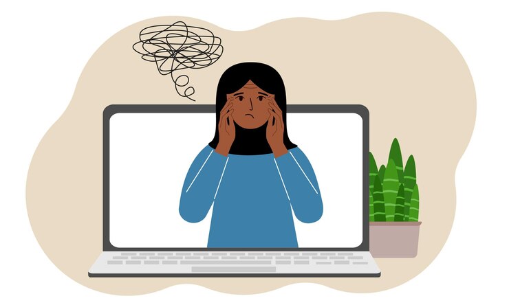 Vector consulta en línea con un psicólogo laptop con una mujer musulmana con pensamientos confusos práctica psicoterapéutica consulta psiquiátrica