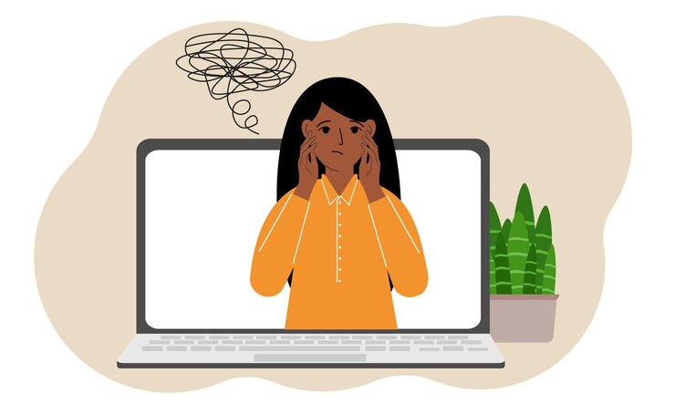Vector consulta en línea con un psicólogo laptop con una mujer con pensamientos confusos práctica psicoterapéutica consulta psiquiátrica