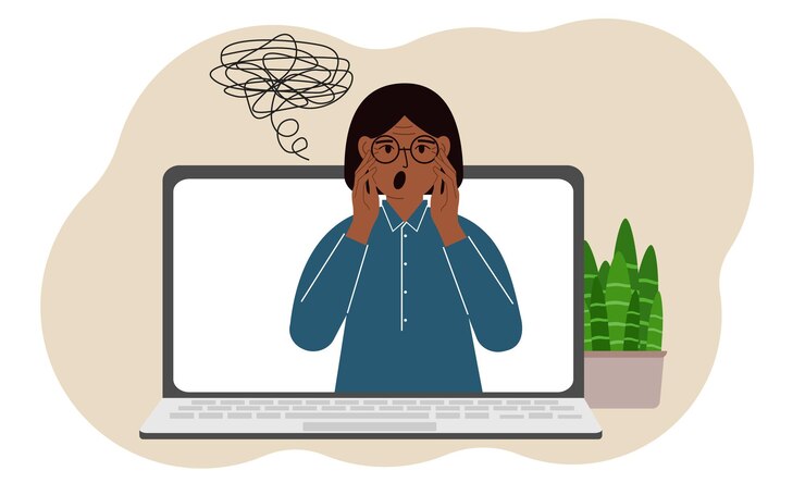 Vector consulta en línea con un psicólogo laptop con una mujer con pensamientos confusos práctica psicoterapéutica consulta psiquiátrica