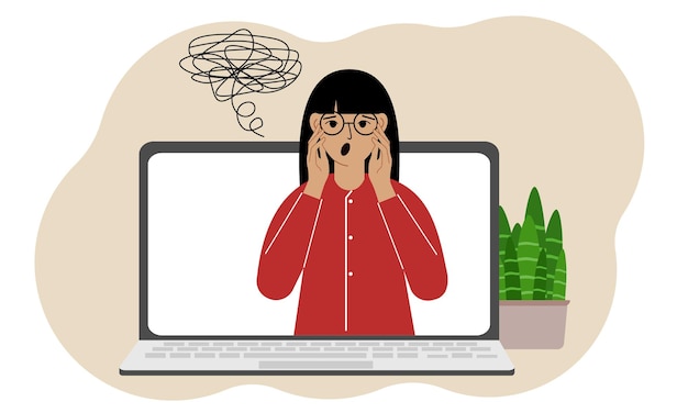 Consulta en línea con un psicólogo Laptop con una mujer con pensamientos confusos Práctica psicoterapéutica consulta psiquiátrica